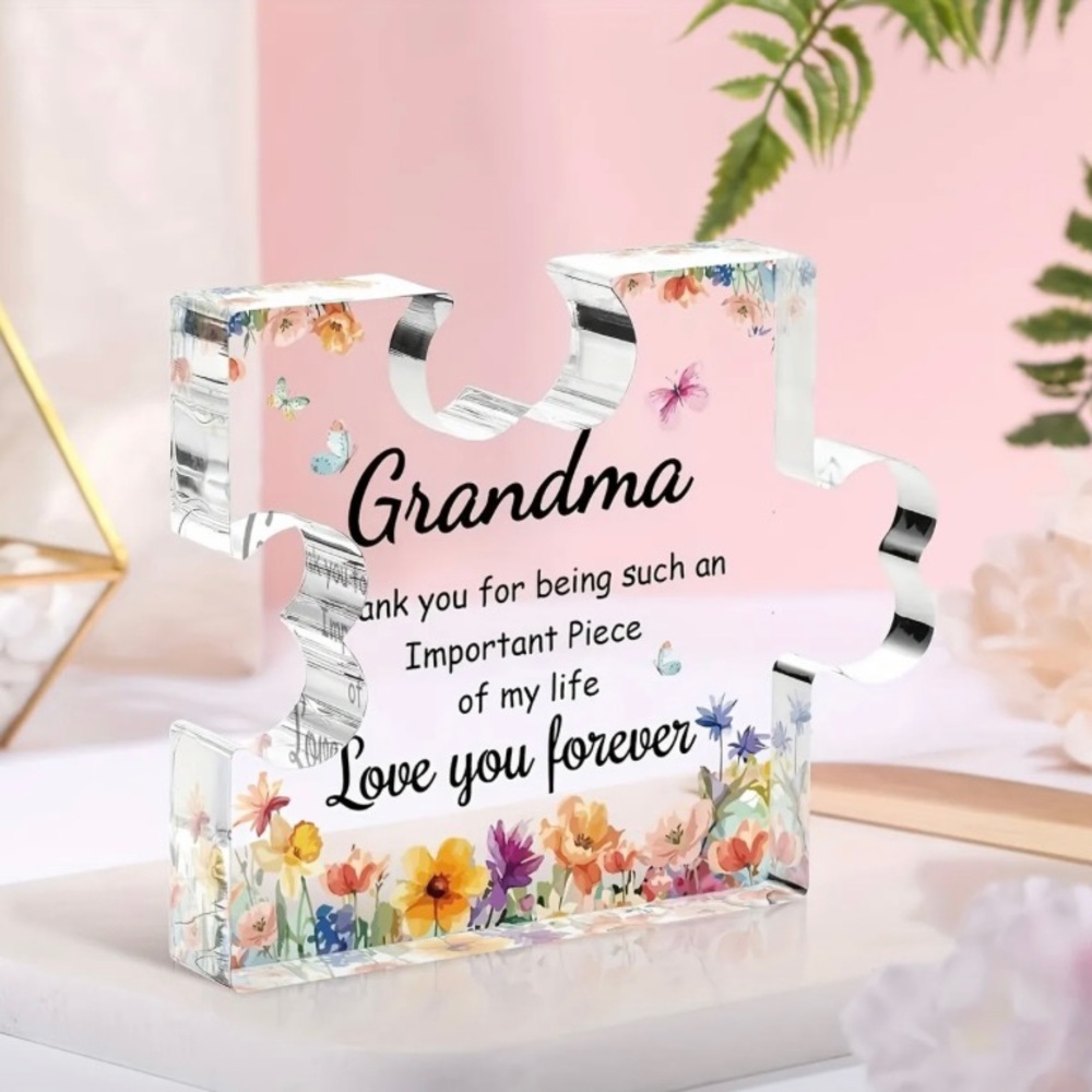 Grandma Floral Patterned Clear Acrylic 2 Dimensional Puzzle Piece Plaque